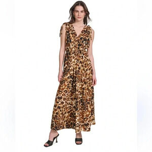 Calvin Klein Animal Print Tie-Shoulder Maxi Dress with Drawstring Elastic Waist